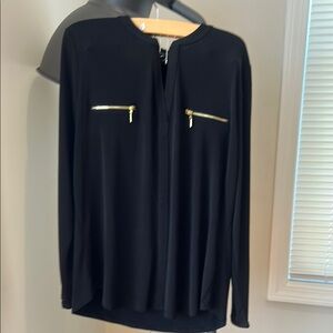 INC International Concepts Black Long Sleeve Mandarin Collar Blouse